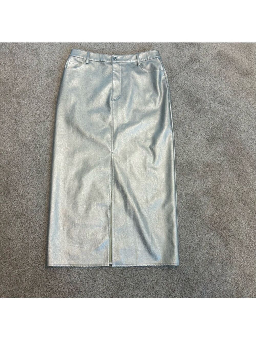 WAYF metallic silver faux leather high waisted midi pencil skirt front slit M - Picture 3 of 14